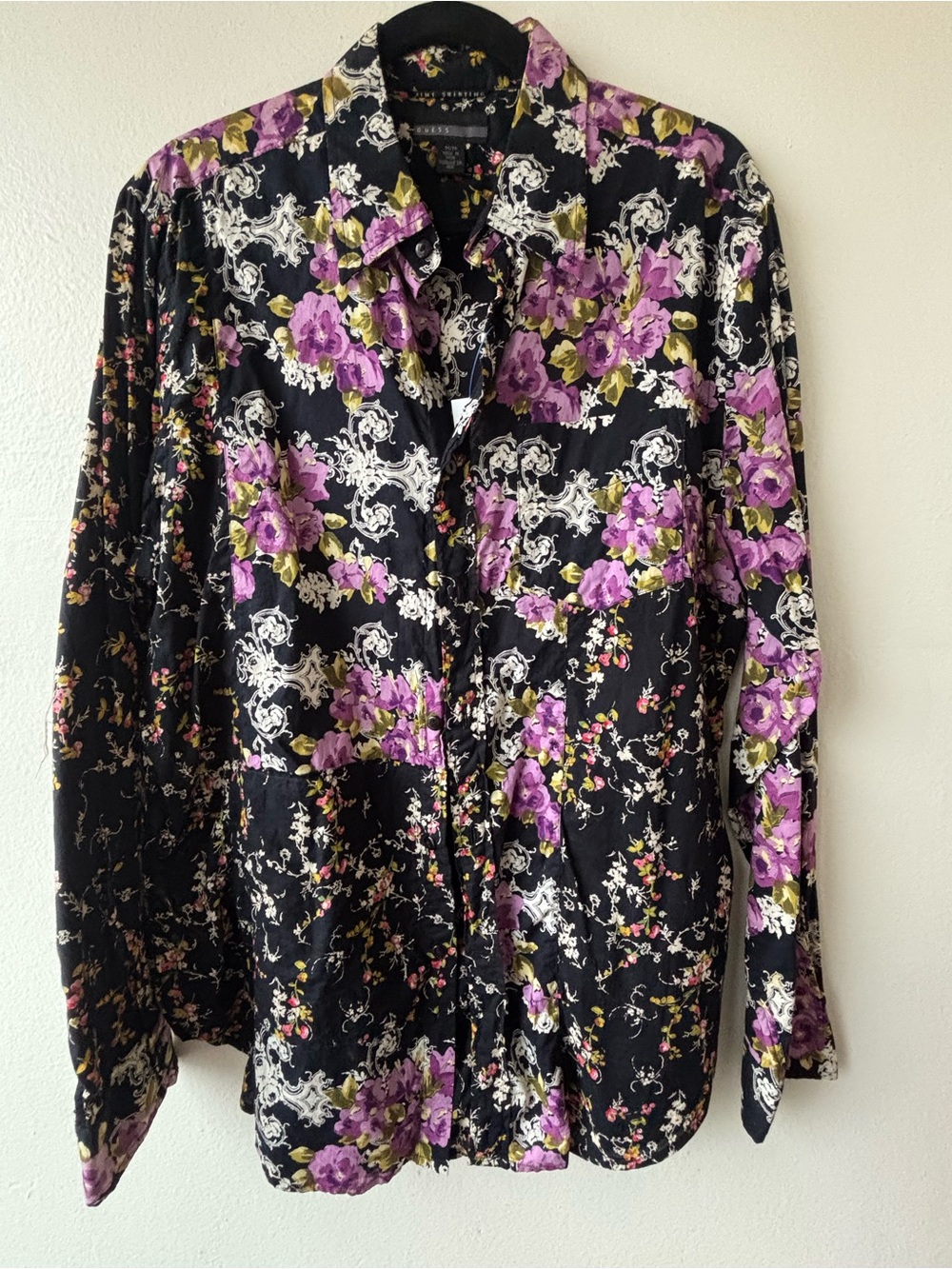 Guess Black Button-Down Shirt with Purple Floral Print